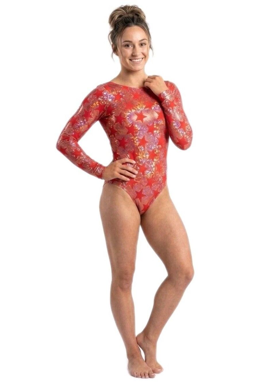 GK Elite VTG Holographic Americana Red Star Shimmering LS Logo Leotard Size AXL - Picture 2 of 16